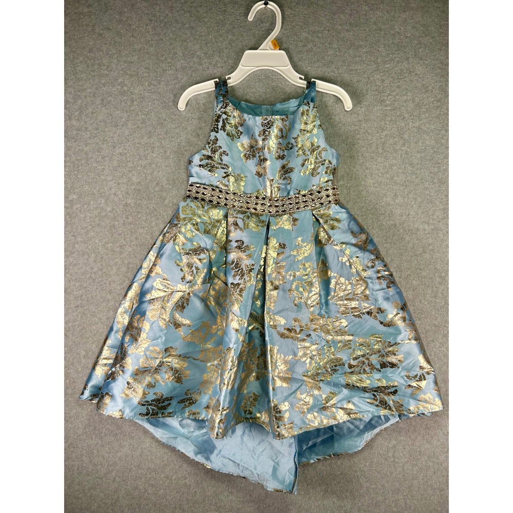 Rare Editions Girls 4T Dress Blue Metallic Gold Floral Jacquard Party Pageant